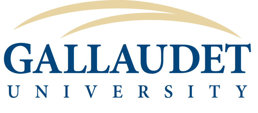 Logo of Gallaudet University featuring the name "Gallaudet" in bold blue letters, with "University" in smaller letters beneath it. Above the text, there are two curved lines in a lighter color, suggesting an arch or wave.