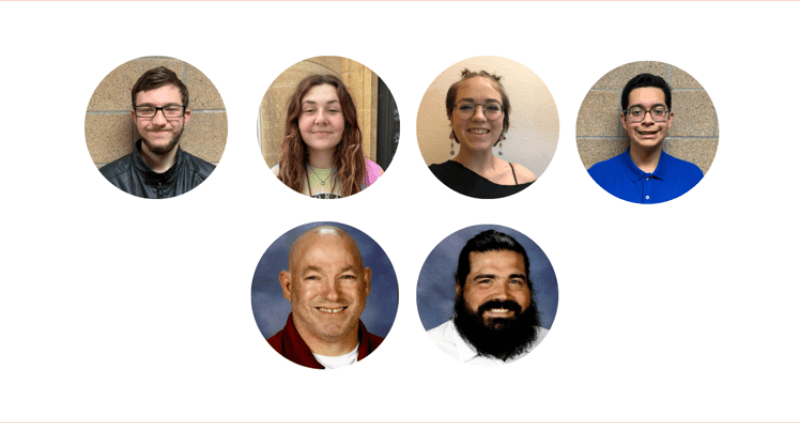 A grid of six circular portraits featuring a diverse group of individuals. The top row includes three people: a young man with glasses and a black jacket, a young woman with long wavy hair, and another young woman with glasses and a necklace. The bottom row features three more individuals: a middle-aged man with a bald head and a friendly smile, a man with a beard wearing a white shirt, and a young man in a blue shirt.