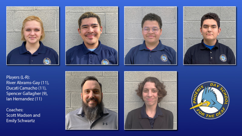 A grid of six headshot portraits featuring four players and two coaches. The players are identified as Fever Alonzo-Guy, Dariel Cerna-Chavez, Spencer Gallagher, and Ian Hernandez, while the coaches are Scott Madsen and Emily Schwartz. Each person is smiling, and the background is a blue gradient with a logo in the lower right corner.