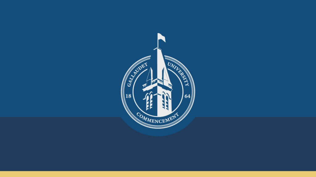 A blue and gold background featuring a university seal in the center, which includes a tower and a flag on top. The seal is surrounded by a circular border with the text "University" and "Commencement" in it.