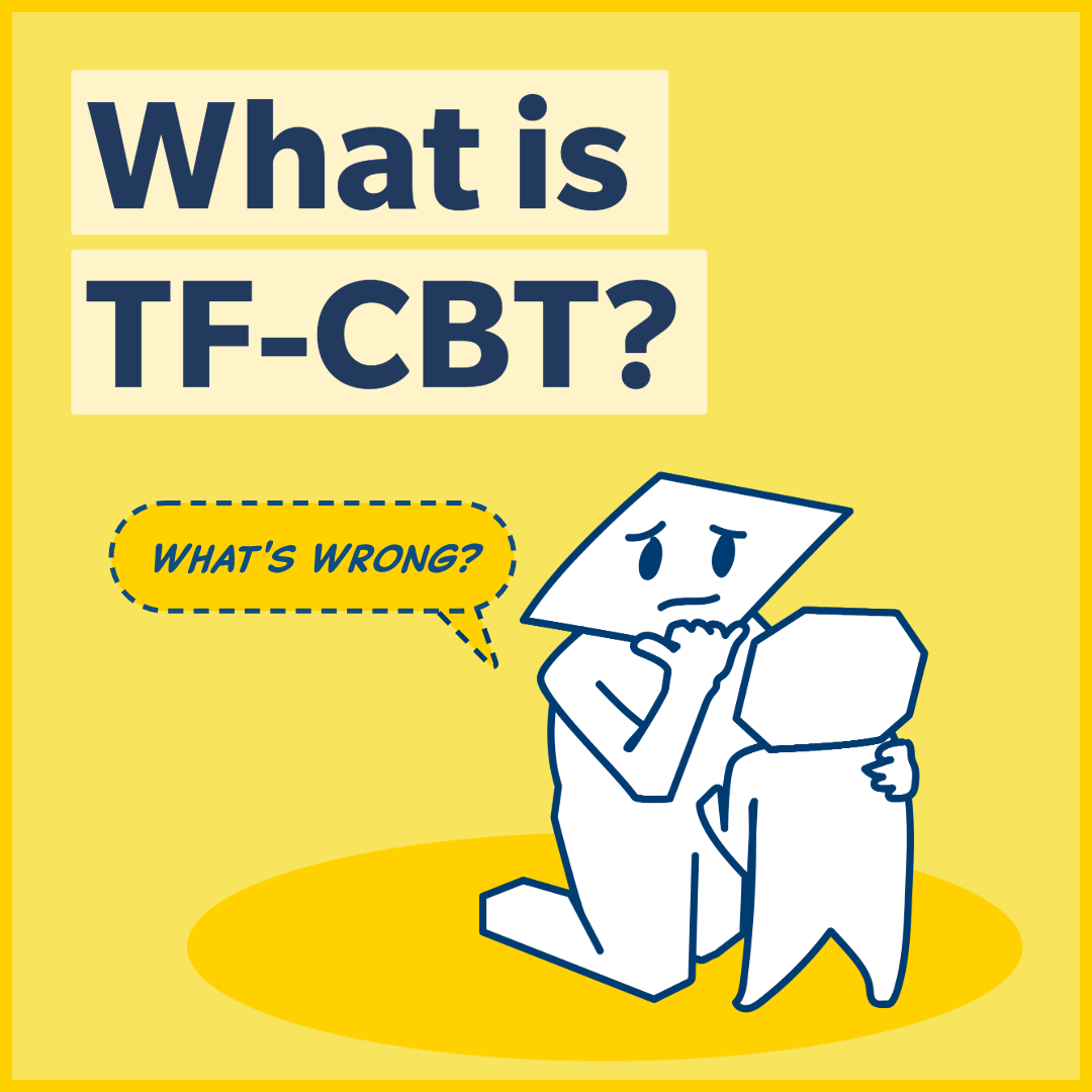 An illustration featuring two abstract, geometric characters on a bright yellow background. One character appears to be comforting the other, who looks distressed. The text above them reads, 