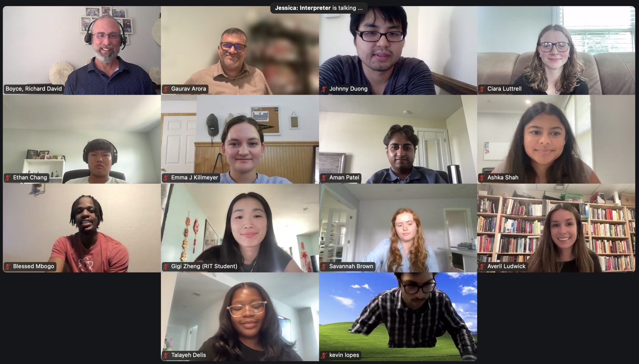 A computer screenshot shows 14 people in a virtual meeting.