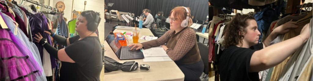 A composite of three photos. On the left, a student with large black headphones looks to the left at a rack of clothing. In the middle, a student with white headphones looks down to the left at a laptop. On the right, a student looks to the right at a rack of clothing.