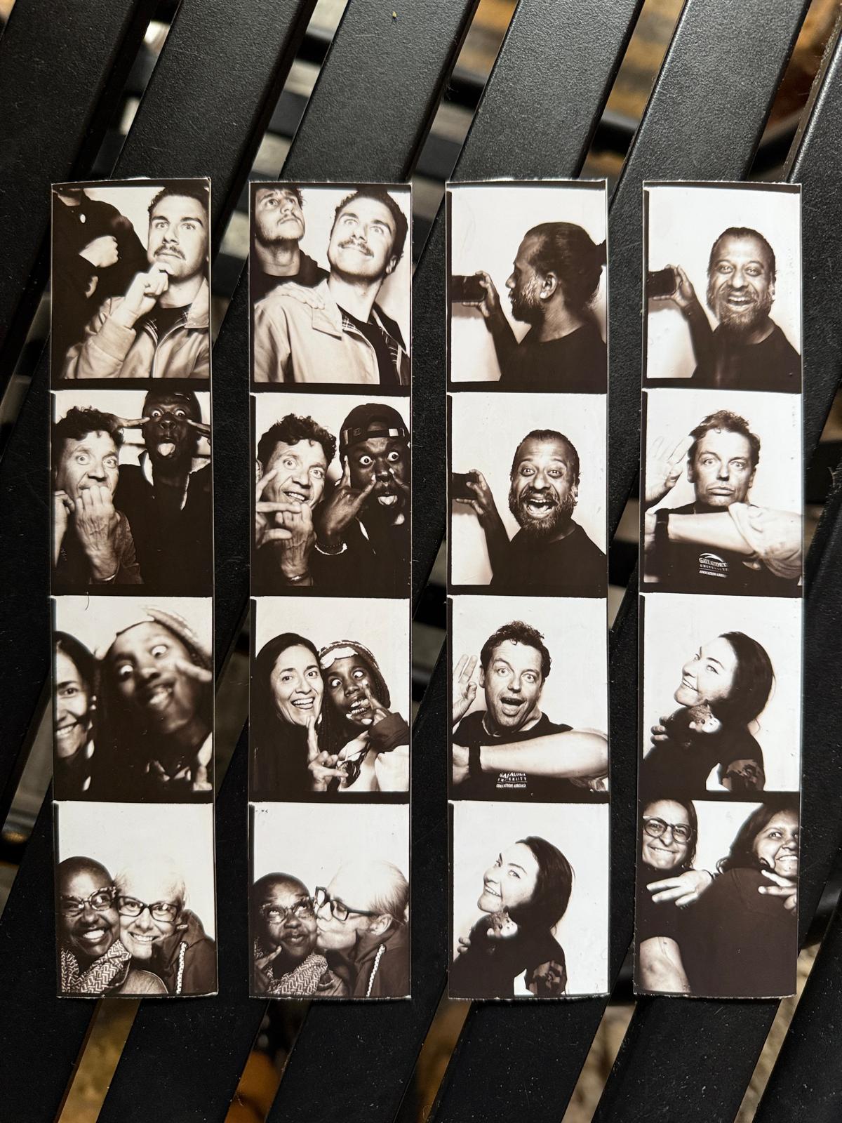 Four strips of four photos from a photo booth featuring various people making funny faces and poses.