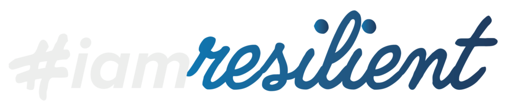 The image features the text "#iamresilient" with the words "iam" in a bold font and "resilient" in a flowing, cursive style. The color scheme transitions from gray to blue, emphasizing the theme of resilience.