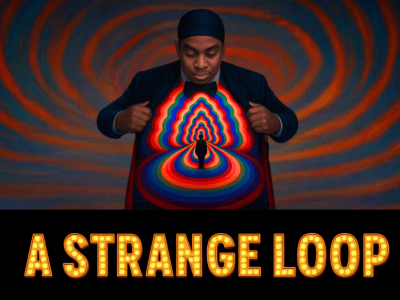 A poster graphic. On the bottom is text styled like theater lights: "A Strange Loop". Above is a graphic of a person with a hat and bow tie, looking down and opening their coat to reveal psychedelic colored lines with a silhouette of a standing body in the middle.