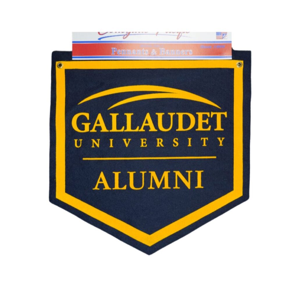 A blue and yellow banner shaped like a baseball home plate. In yellow is the Gallaudet University logo over the word "Alumni".