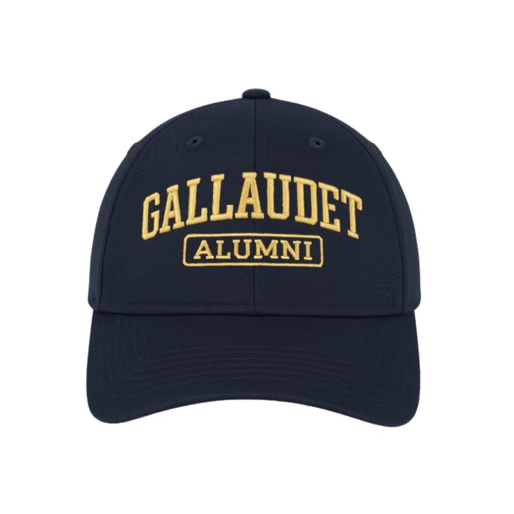 A blue hat on a white background. The hat reads, "Gallaudet Alumni".