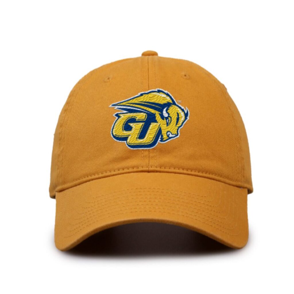 A yellow-gold hat on a white background. The hat has the Bison Athletics logo.