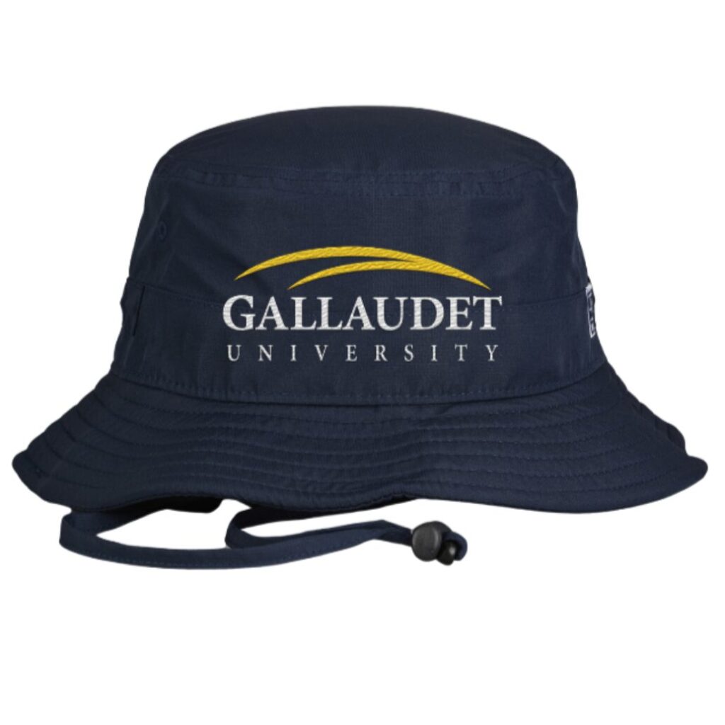 A blue bucket hat on a white background. The hat has the Gallaudet University logo.