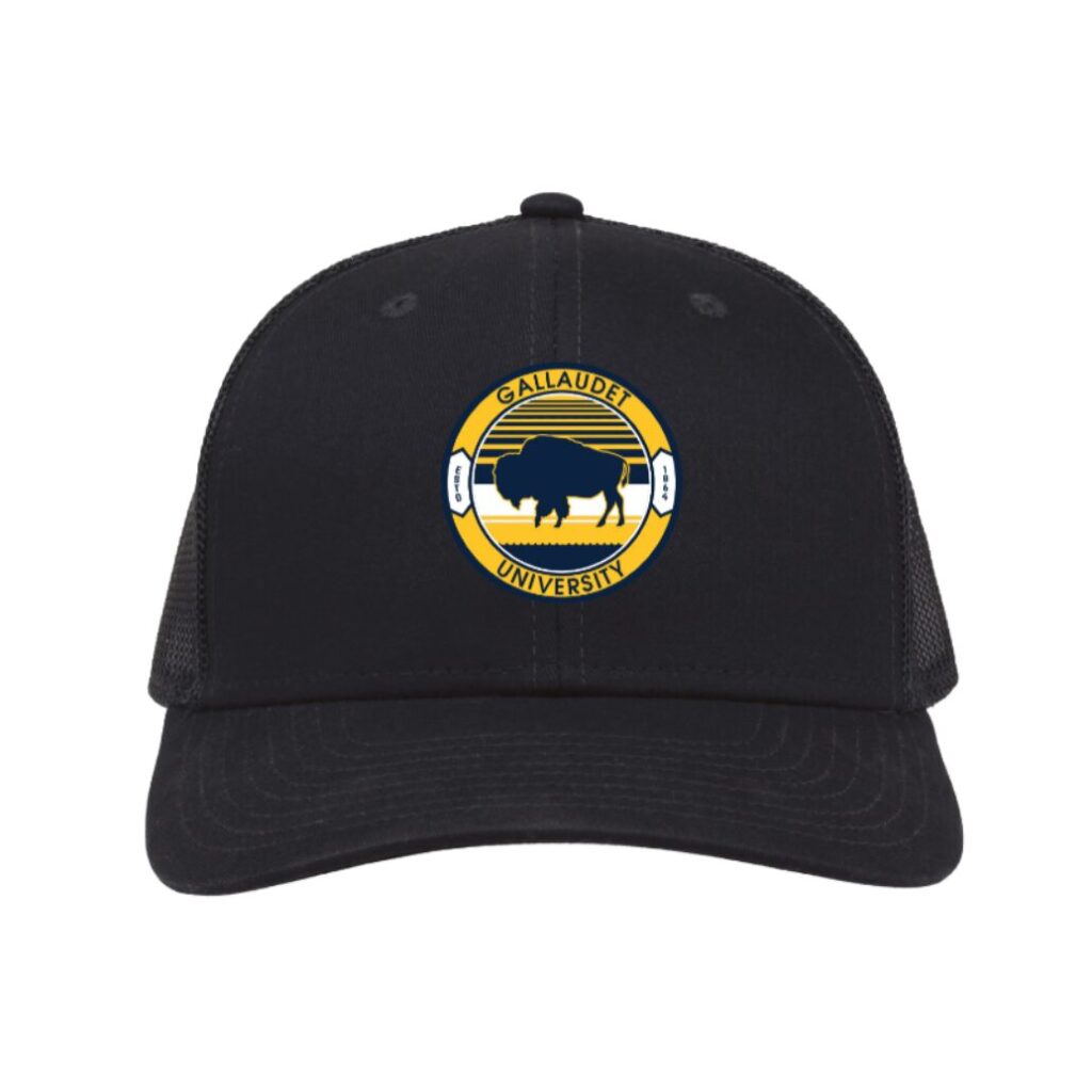 A blue hat on a white background. The has has a circular design with yellow, white, and black that resembles a crest. On the top and bottom of the circle is text forming "Gallaudet University". On the left and right is text forming "Estd. 1864". In the middle is a black bison silhouette.