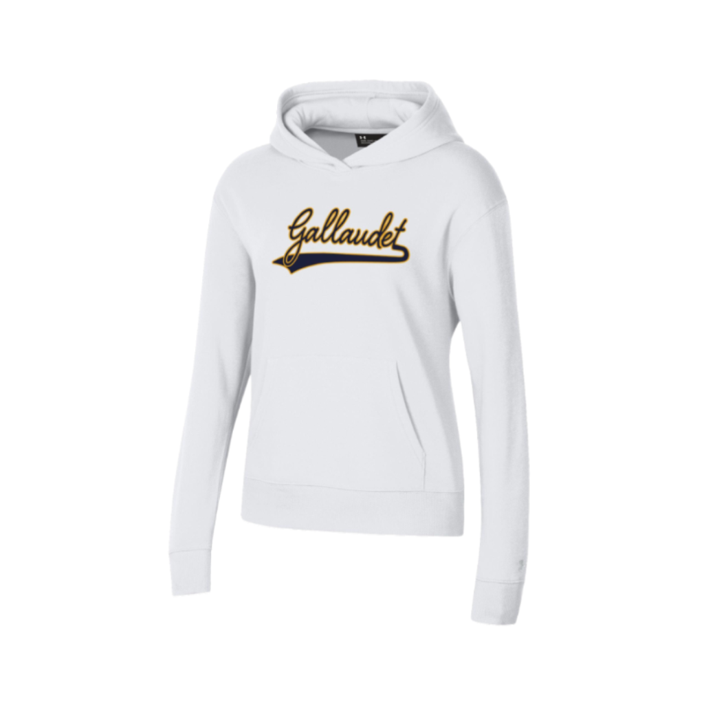 A women's style white hoodie on a white background. The front has a stylized "Gallaudet" in blue text.