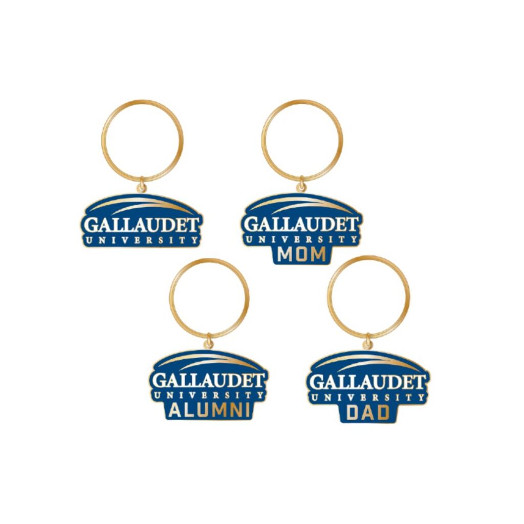 Four key rings on a white background. Clockwisse, from top left: the Gallaudet University logo; the logo, with "Mom" underneath; the logo, with "Dad" underneath; the logo, with "Alumni" underneath.