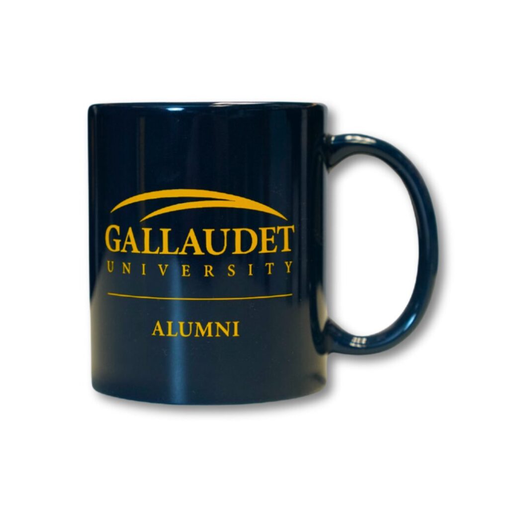A blue mug on a white background. The mug has the Gallaudet University logo over the word "Alumni".