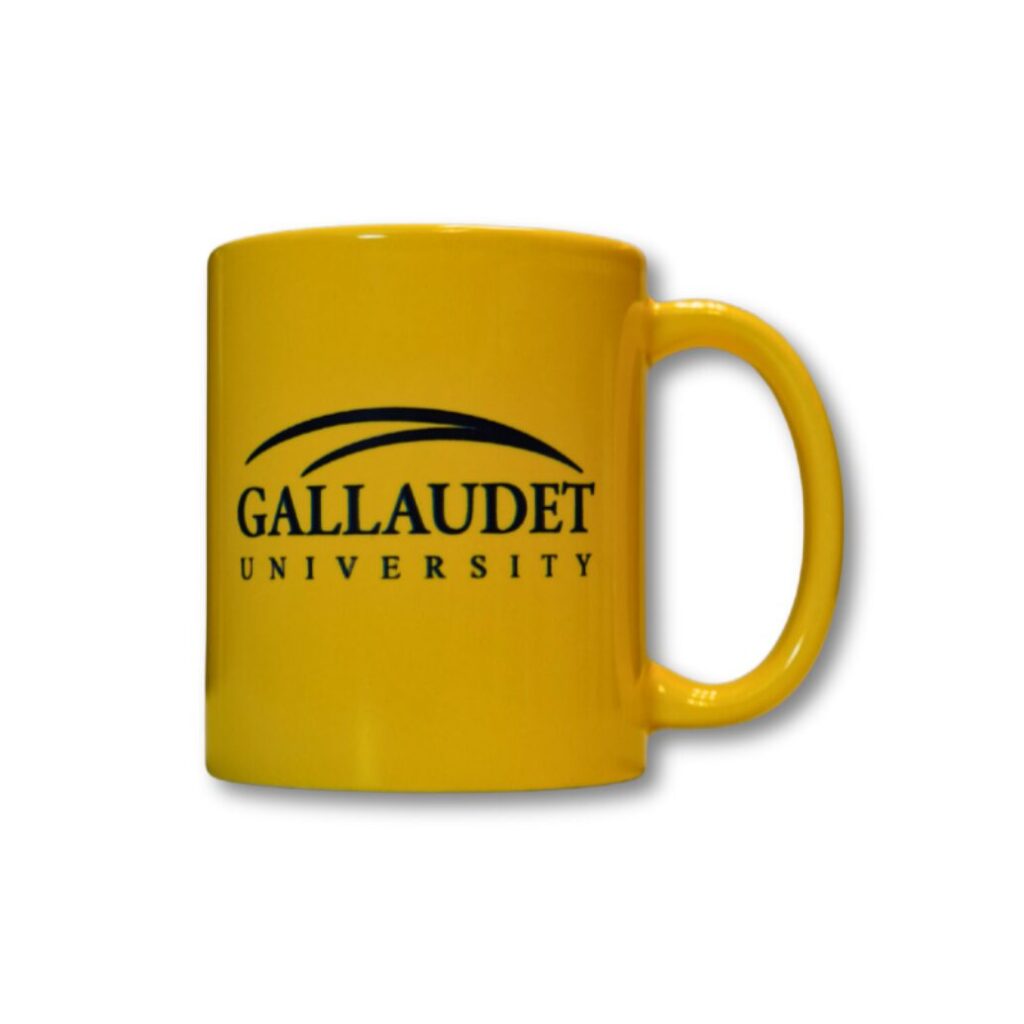 A yellow mug on a white background. It has the Gallaudet University logo in blue.