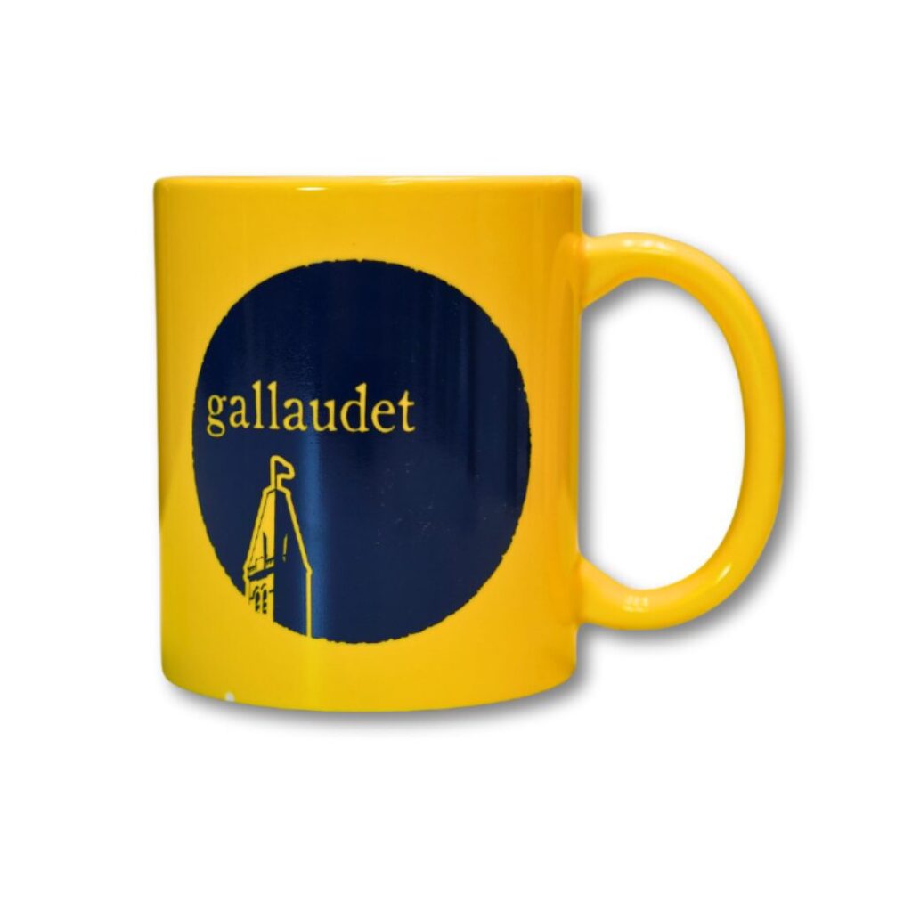 A yellow mug on a white background. The design is a blue circle with "Gallaudet" over a building tower.