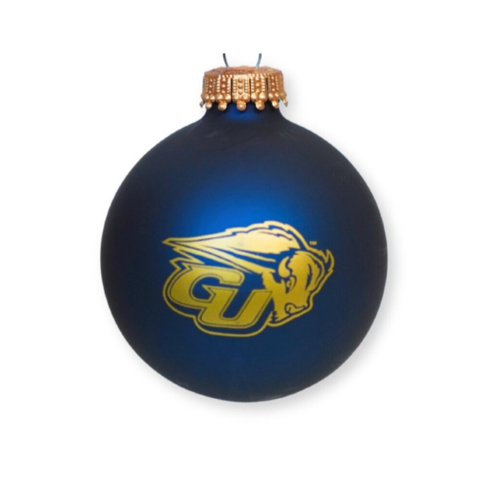 A blue spherical ornament on a white background. The ornament has a golden Bison Athletics logo.