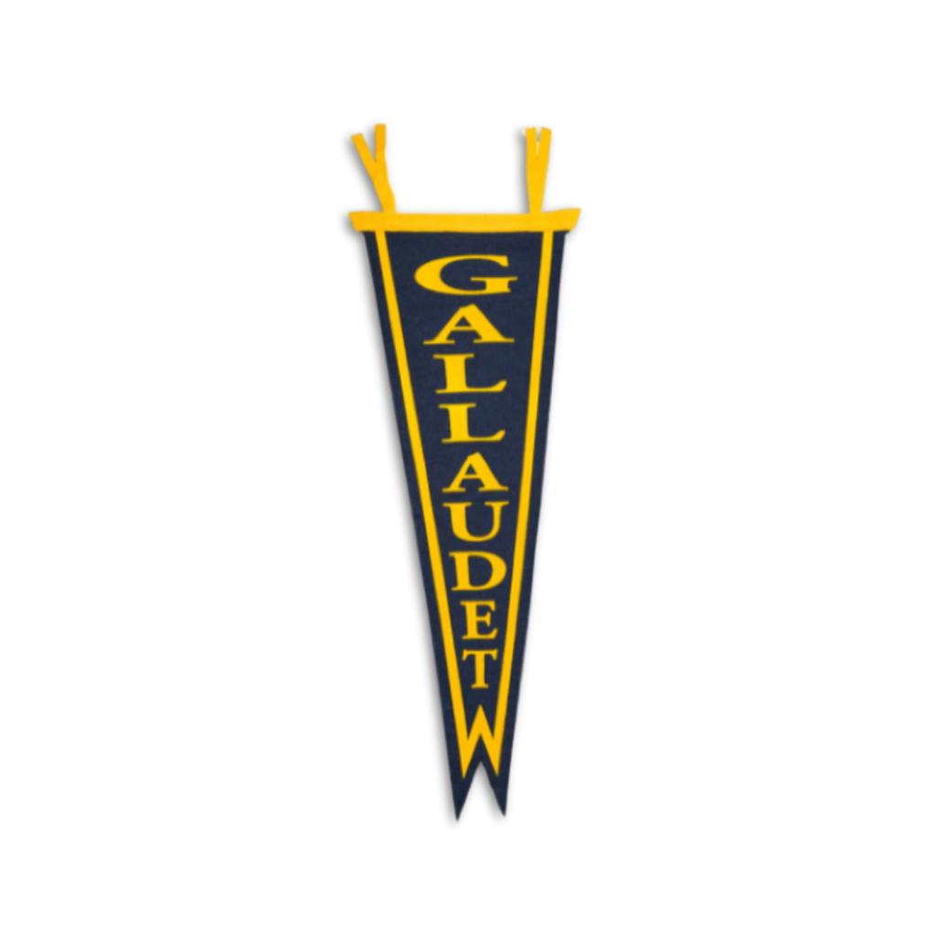 A blue and yellow pennant shaped like a baseball home plate. It is hung vertically, with a yellow "Gallaudet" running down the length.