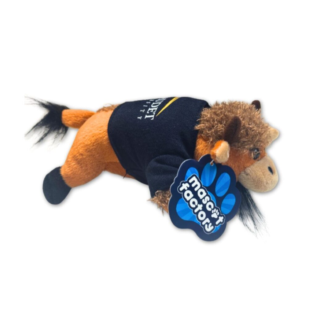 A plushie bison with a shirt. The back of the shirt is not fully visible, but the Gallaudet University logo is apparent. A cardboard tag on the bison's right ear says, "Mascot Factory".