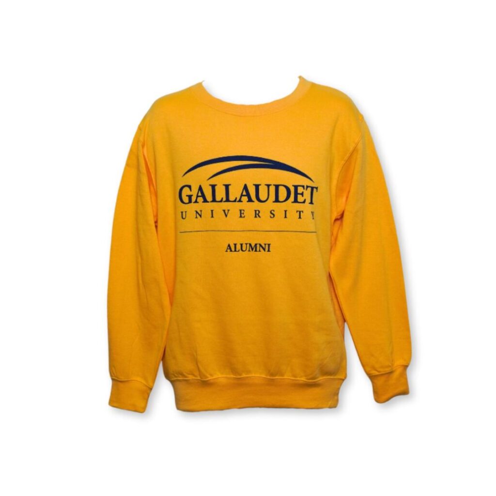 A yellow sweatshirt on a white background. The front has the Gallaudet University logo over the word "Alumni" in blue text.