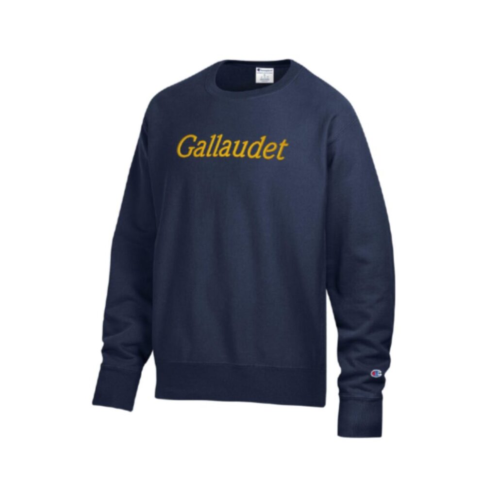 A blue sweatshirt on a white background. The front has "Gallaudet University" in stylized yellow text.