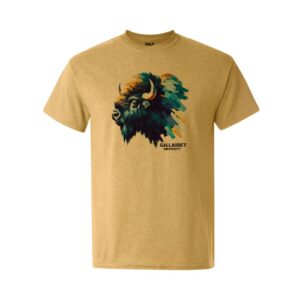 A yellow t-shirt on a white background. The front has a detailed illustrated bison's head in profile, with the words "Gallaudet University" in the bottom right.