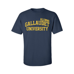 A blue t-shirt on a white background. The front has "Gallaudet University" in yellow text, with "Alumni" on the top right.