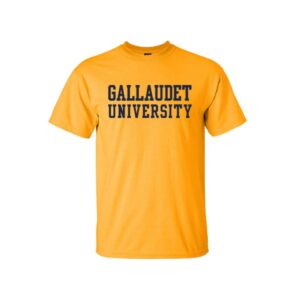 A yellow t-shirt on a white background. The front has "Gallaudet University" in blue text.