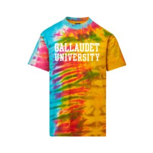 A tie-die t-shirt on a white background. The front has "Gallaudet University" in white text.