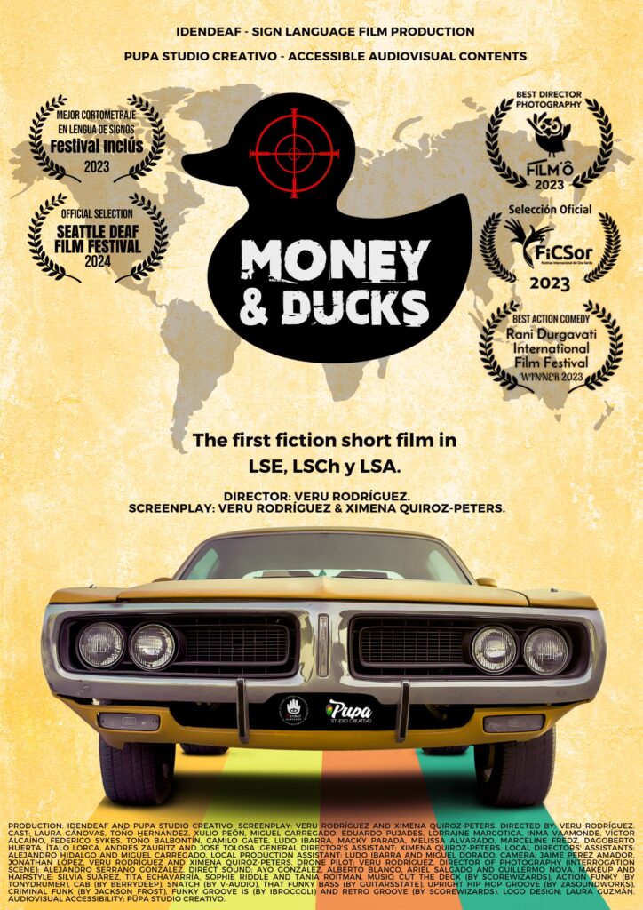 A poster for film Money & Ducks, with a pale yellow background. On the top half is a black silhouette of a rubber duck profile, with a red crosshair over its head, and the film title over the body. Behind the duck is a map map represented with gray continents. Around the duck are five film festival laurels. Below the duck is text: "The first fiction short film in LSE, LSCh y LSA." Below the text is a realistic graphic of the front of a red muscle car. There is another various text around the poster in small font.