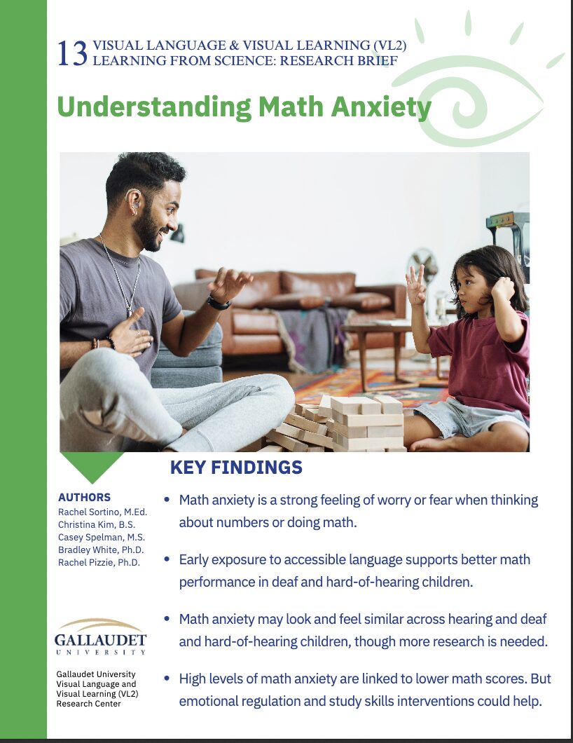 Text at the top reads, "Understanding Math Anxiety." Beneath that is a photo of a man sitting on the floor of a living room next to a young child. They are signing to each other, and there is a stack of play blocks between them.