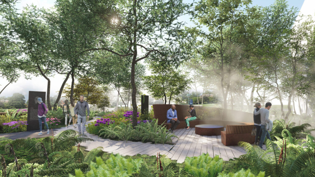 A rendering of a dramatic outdoor walkway, lush with trees and foliage. The walkway spirals to a seating area in the center. Various people are shown walking or sitting.