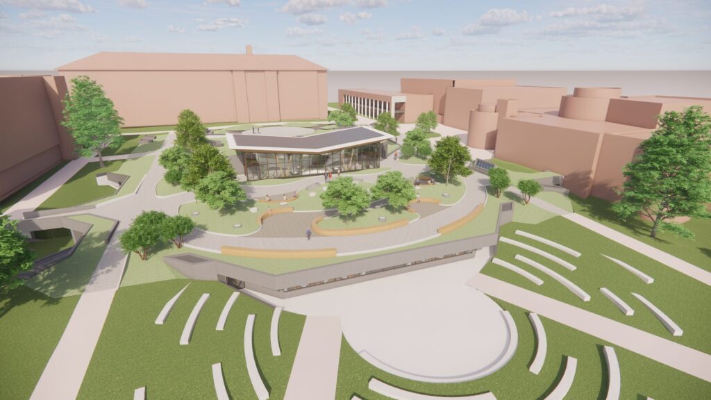 A rendering of a construction project on the Gallaudet University campus. It shows an angled view from above, with a modern building on top of a large area raised from the campus mall. The mall has a paved open area, with an entrance into the raised portion leading to the basement of the building.