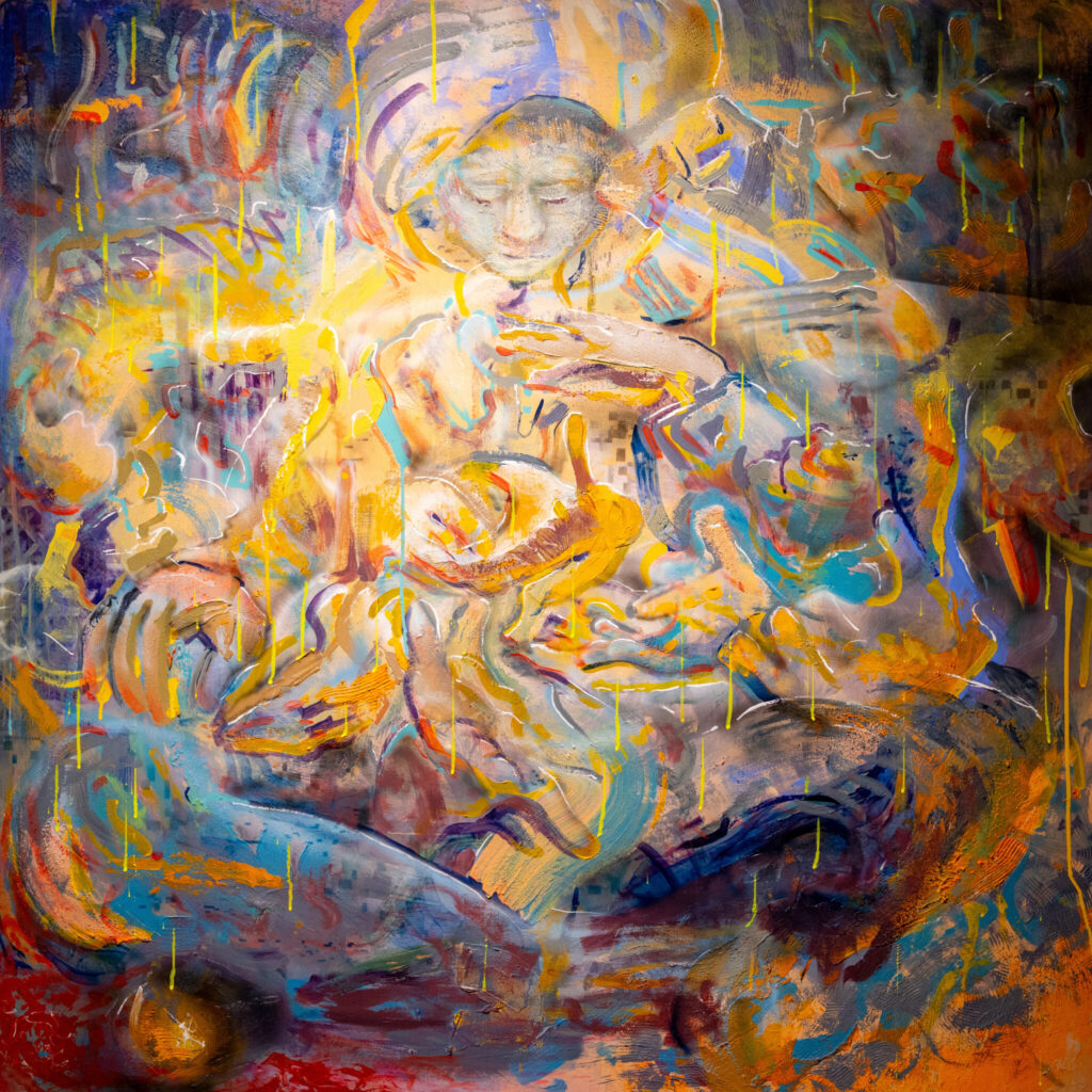 A photo of a dramatic, colorful watercolor painting. It has the feel of abstract art but when studied, a cross-legged figure reveals itself, surrounded by hands in various forms of sign language.