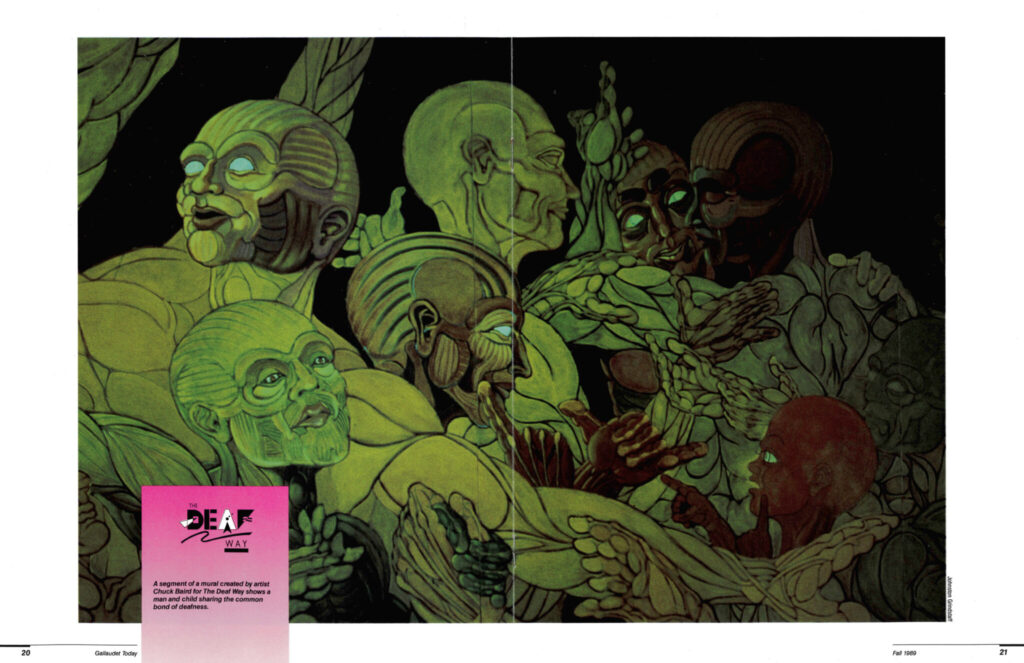 A scan of a magazine spread showing a piece of art. The art has green humanoid figures in various tight configurations. In the bottom left is an insert with a logo that says "The Deaf Way". The insert has text: "A segment of a mural created by artist Chuck Baird for The Deaf Way shows a man and child sharing the common bond of deafness."
