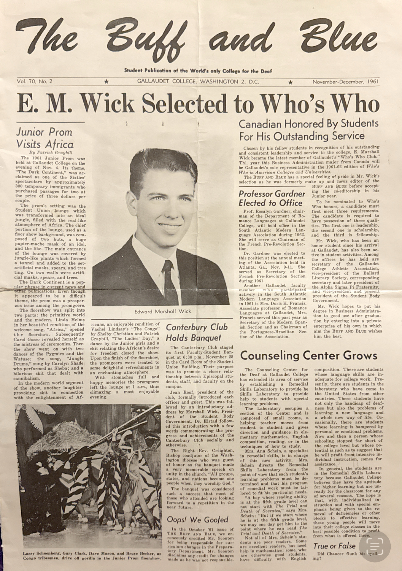 A copy of the Buff and Blue newspaper features a large photo of a young man next to the headline, "E.M. Wick Selected to Who's Who"