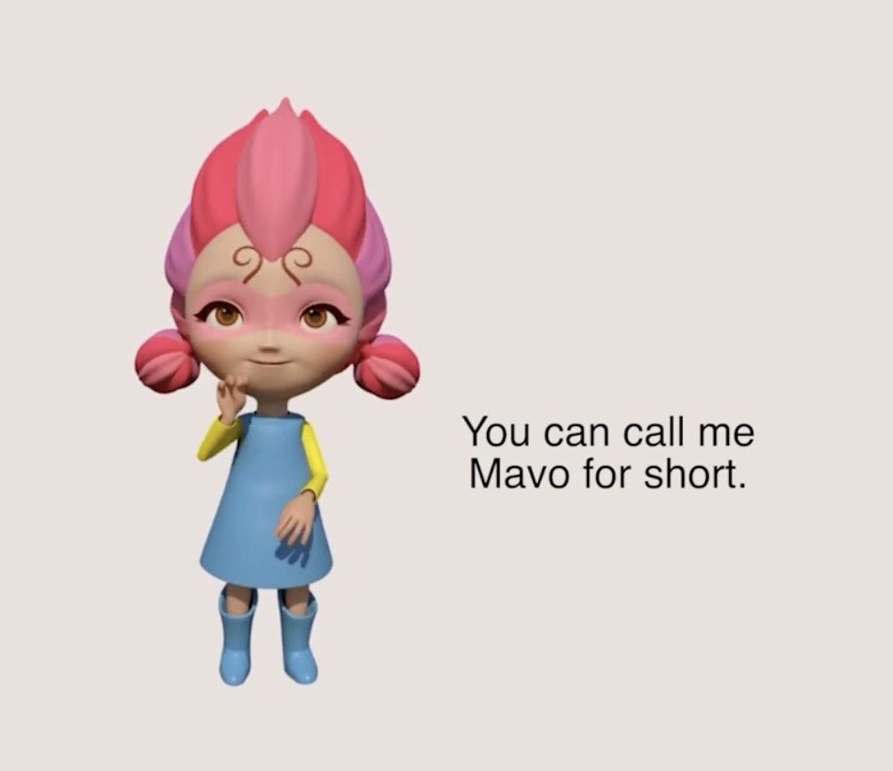 A cartoon of a little girl with pink hair in a blue dress is signing. There is text next to her that reads, "You can call me Mavo for short."