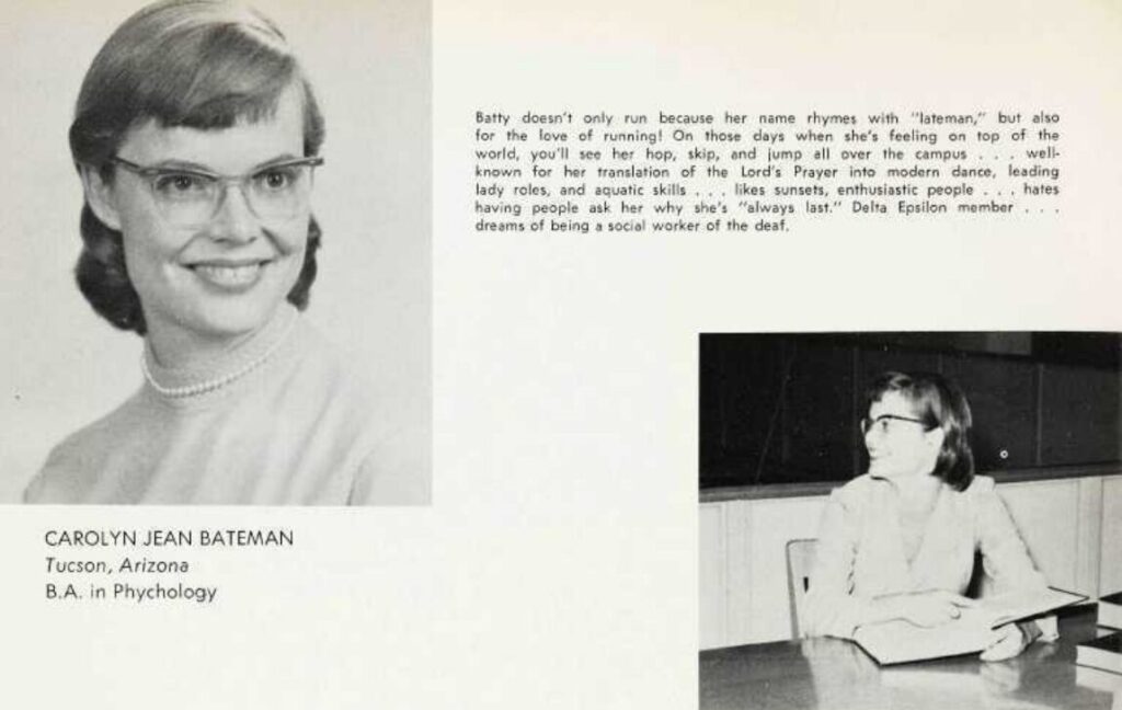 A black and white yearbook-style photo of a young woman with glasses, wearing a sweater. She is smiling and looking directly at the camera. Next to her photo is a text box with her name, location, degree information, and a brief description of her. The background is plain, and the layout resembles a page from a yearbook.