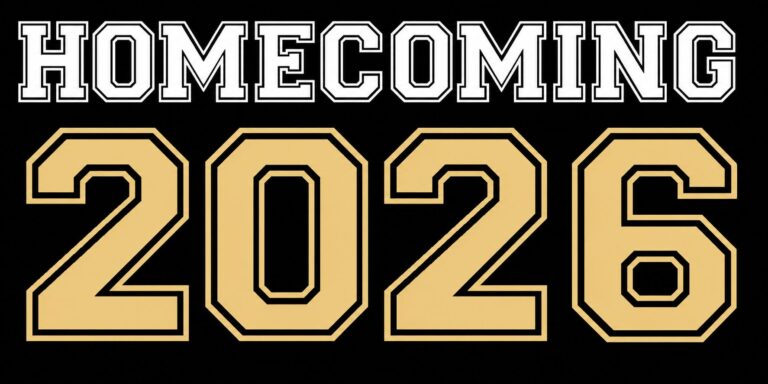 Text graphic featuring the word "HOMECOMING" in bold white letters at the top and the year "2026" in large, stylized gold and black numbers below. The background is black.