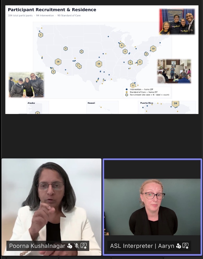 A screenshot from the webinar features three images. At top is a large map with dots on various locations. Below are two images of women. One is wearing glasses and a white jacket. The other is in all black.